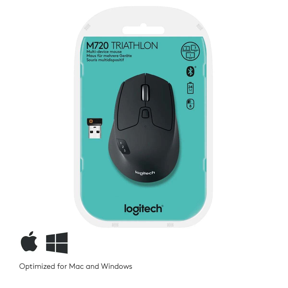 Packaging of the Logitech M720 Triathlon wireless mouse showing the mouse itself in the center, along with a USB unifying receiver and a battery. The packaging is optimized for Mac and Windows platforms.